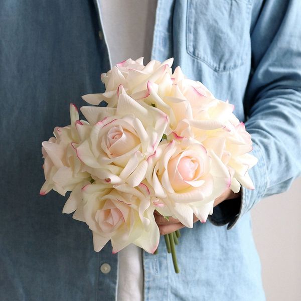 Top Quality Flor Artificial Toque Real Fried Rose Rose Bouquets Noiva Segurando Flores Para Casamento Casa Tabela Decoração 2 Bundles