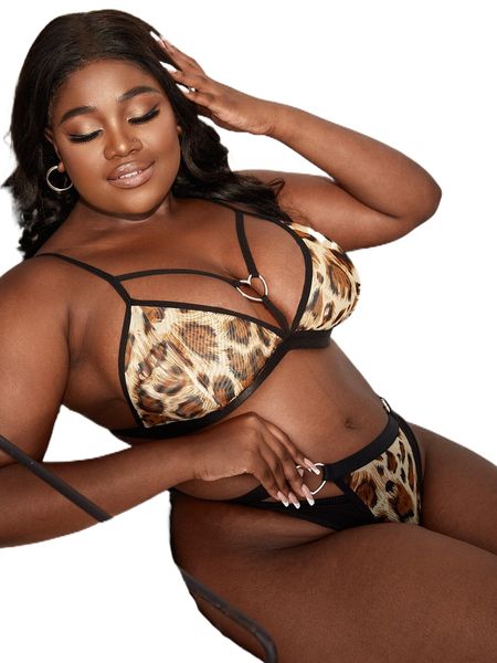 

plus leopard heart ring linked harness lingerie set 35kn#, Black;white