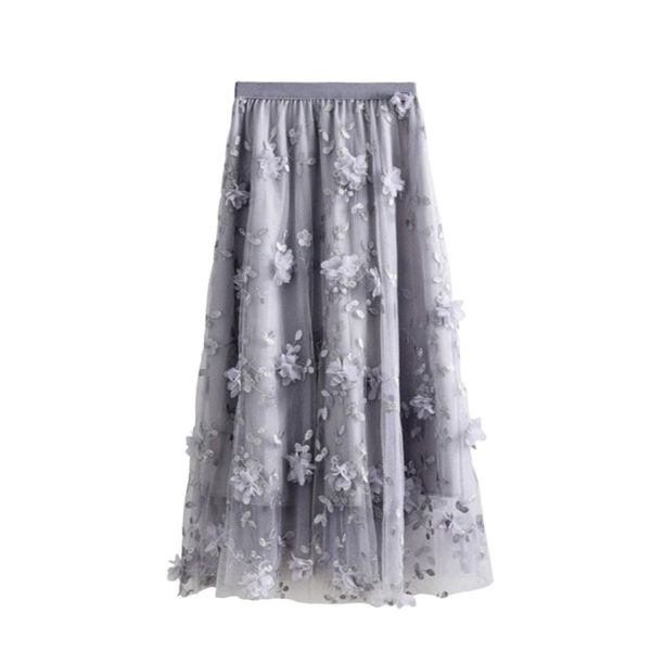 

skirts spring mesh embroidery long skirt high waist autumn women ladies pink black tulle i9vc#