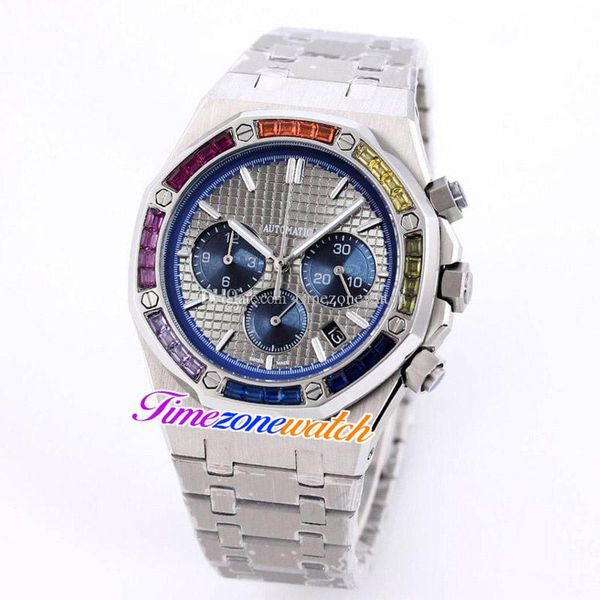 

k8f 41mm miyota quartz chronograph mens watch gray texture dial blue subdial rainbow diamond bezel stainless steel bracelet watches timezone, Slivery;brown