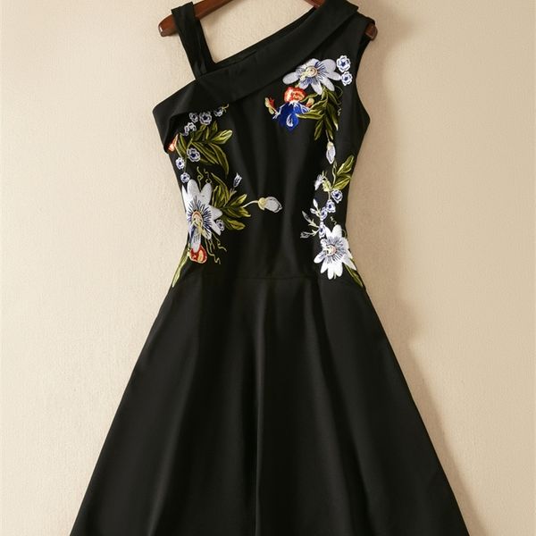 

casual dresses autumn style temperament women's fashion elegant large swing skirt sleeveless embroidery slim dress ek8s, Black;gray