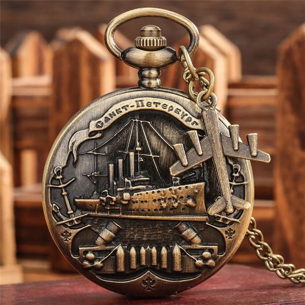 Orologio retrò Bronenosets Potemkin 3D Warship Full Hunter Orologi da tasca al quarzo unisex Collana per aeroplano Orologio souvenir a catena