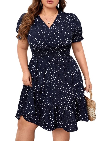

plus allover print shirred waist dress d45h#, Black