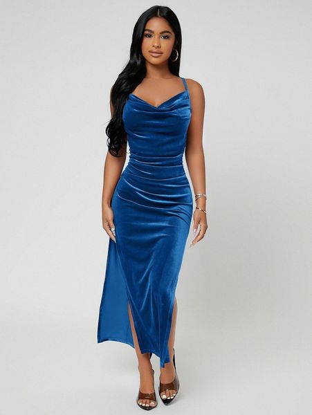 

club draped collar split thigh velvet cami dress y7qp#, Black;gray