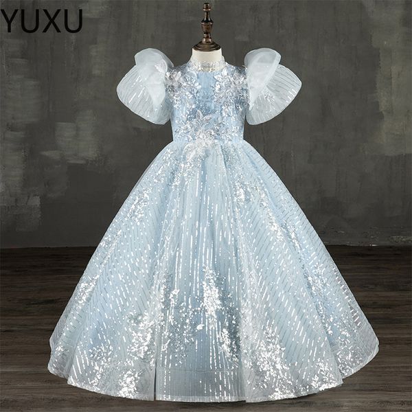 Sequined Blue Tulle Flower Girl Планты кристаллы с бисером корсет задний пол длины для девочек.