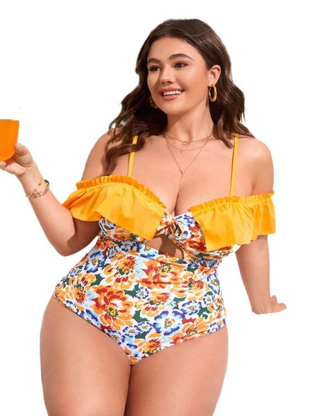 

plus floral ruffle trim one piece swimsuit q2qv#, White;black