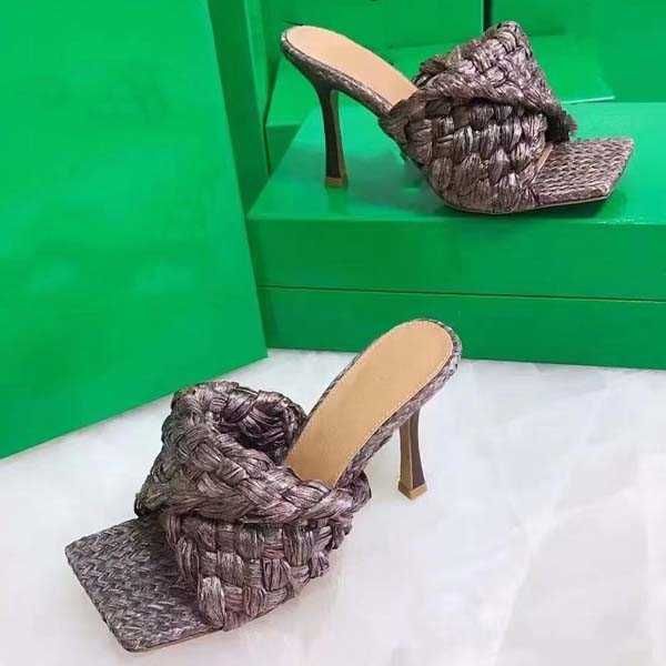 

woman vamp woven high-heeled slipper designer shoes superior quality fashion casual flip flops size 35-42 with box, Black