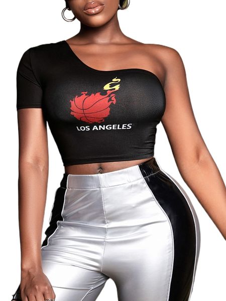 

sxy basketball & letter graphic one shoulder crop l2op#, White