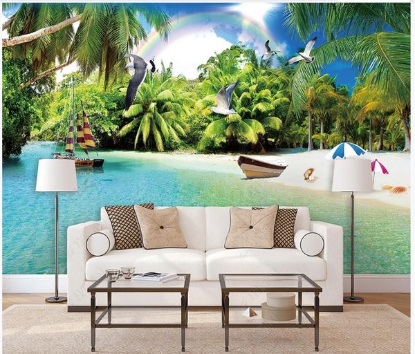 Sfondi Carta da parati personalizzata Po per pareti Murale 3 D Bellissima vista sul mare Mediterraneo Albero sulla spiaggia Soggiorno TV Sfondo carte da parati