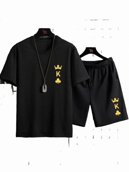 

men crown & playing card print tee & drawstring waist shorts u8vi#, Gray