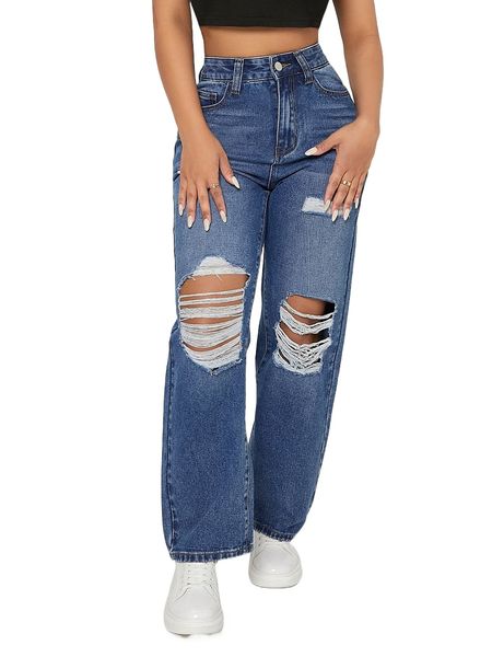 

petite high waist ripped straight leg jeans 88yu#, Blue