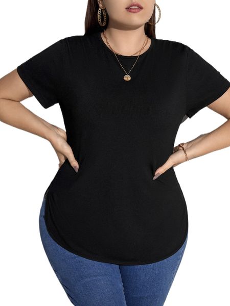 

plus solid curved hem tee o1ag#, Black