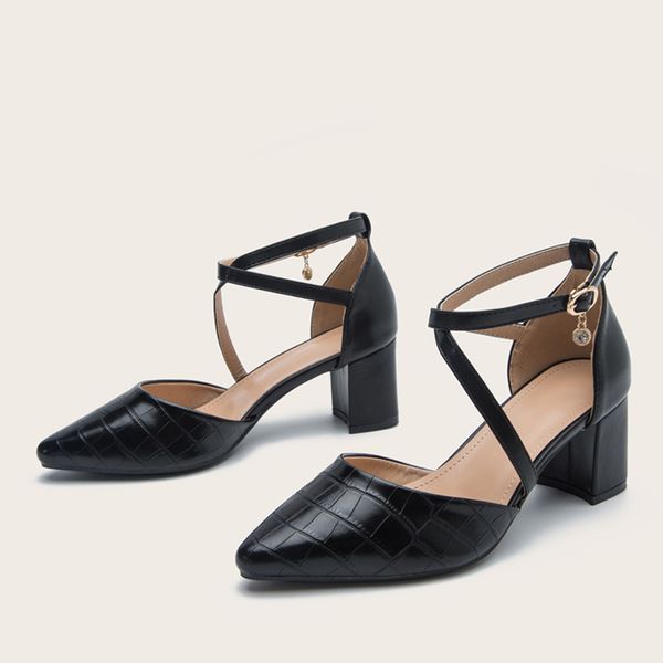 

2022 fashion women pumps chunky heel high sandals designer spring summer pointed toe ankle strap buckle black office party shoes