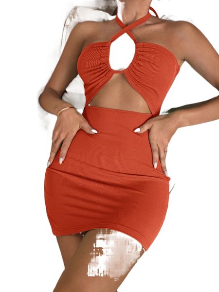 

halterneck tied backless cut-out bodycon dress 69ip#, Black;gray