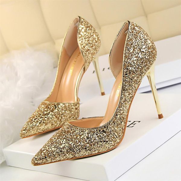 

2019 shining wedding shoes for bride sequined stiletto heel prom banquet high heels plus size pointed toe 4 colors bridal shoes271s, Black