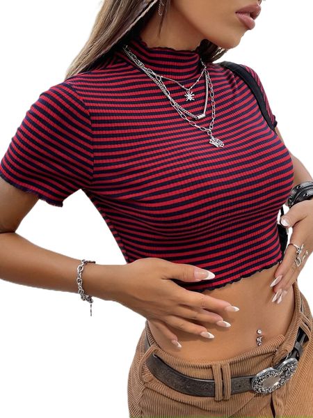 

striped mock neck lettuce trim crop tee h4xr#, White