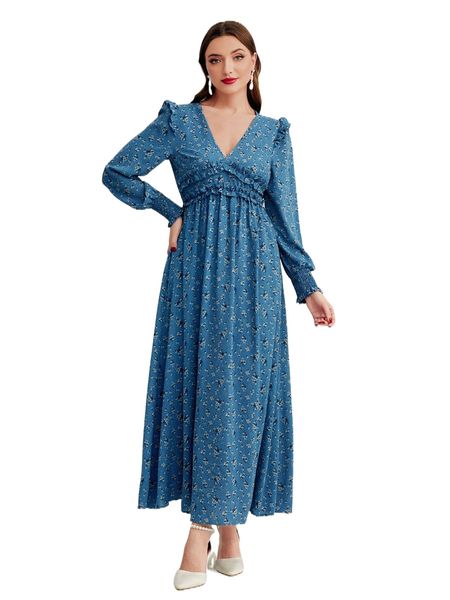 

ditsy floral frill trim shirred cuff a-line dress l5on#, Black;gray