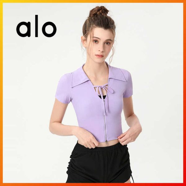 

alo yoga new women's fashion zipper short-sleeved stand-up collar sports casual outdoor gym fitness t-shirt, White;red