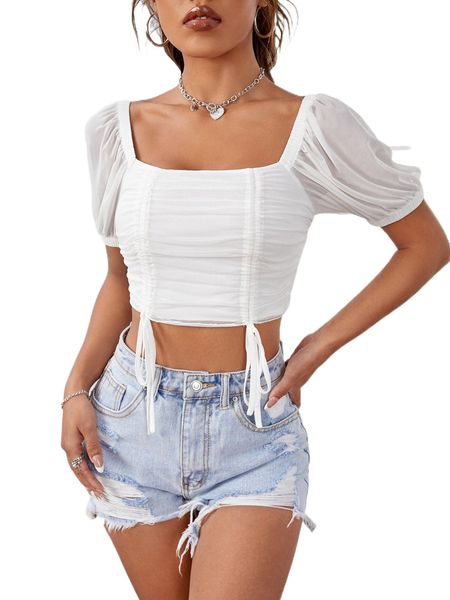

square neck puff sleeve drawstring crop tee v5ry#, White