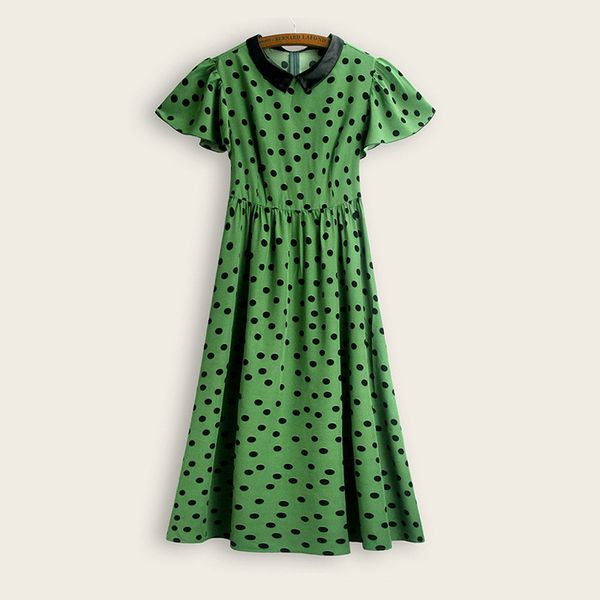 

dress plus size women lapel polka dot solid color pattern printed slim doll skirt elegant long style fresh and sweet loose, Black