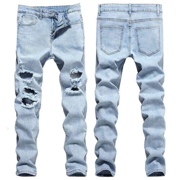 

men's jeans street trendy men's spring hole exposed knee elastic slim light blue jeans gz5a
