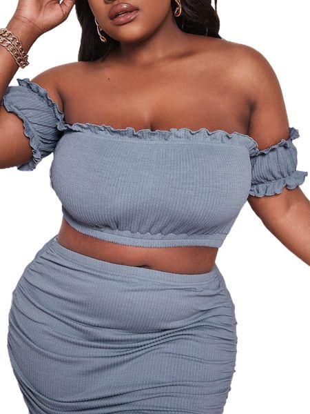 

sxy plus off shoulder frill trim crop u85y#, Black
