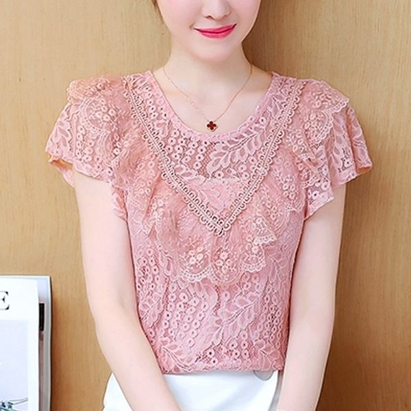 

ruffle lace shortsleeved womens clothing summer chiffon blouse blouses shirts pink lace women 270b y200402, White