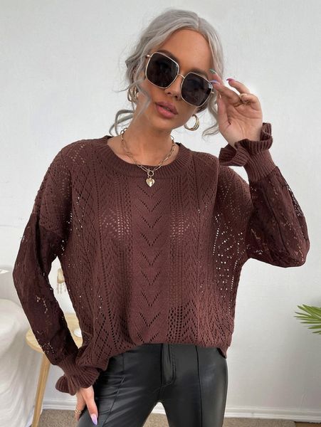 

pointelle knit flounce sleeve sweater q78a#, White;black