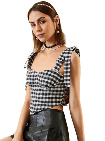 

gingham knotted shoulder shirred back bandana 10or#, White