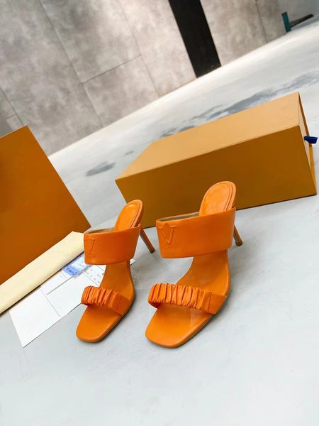 

2022 designer f women's sandals high heels square toes sl summer shoes fashion 10cm heel front strap leather size 35-42 with box and du, Black