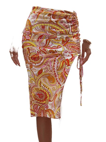 

floral & paisley print drawstring split thigh skirt y01w#, Black