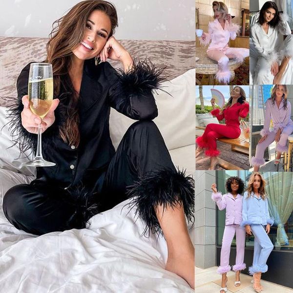 Zweiteilige Hosen für Damen, hochwertige Damen-Seidenpyjamas, luxuriöse Modemanschetten, Straußenfedern, Langarm-Tops + lange 2-Set-Nachtwäsche, Pyjamas