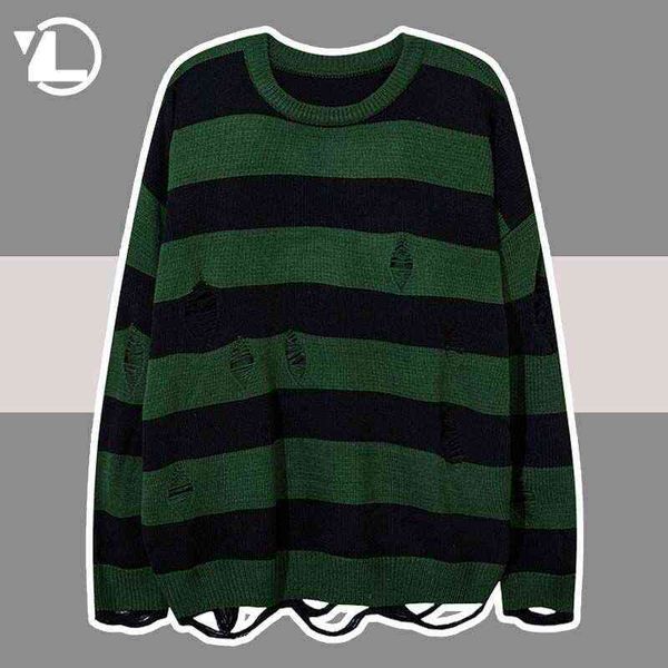 Lochstrickpullover Herren Grün Gestreift Tate Langdon Oansatz Pullover Unisex College Fashion Strick Lose Streetwear Pullover T220730