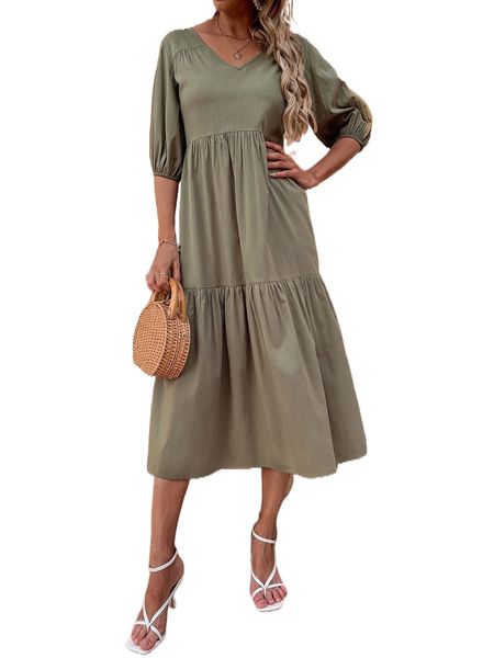 

bishop sleeve ruffle hem smock dress m3zs#, Black;gray