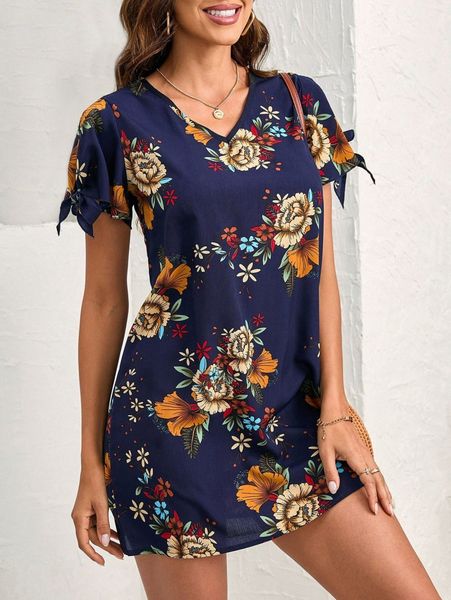 

floral print butterfly sleeve knot cuff dress f2xb#, Black;gray