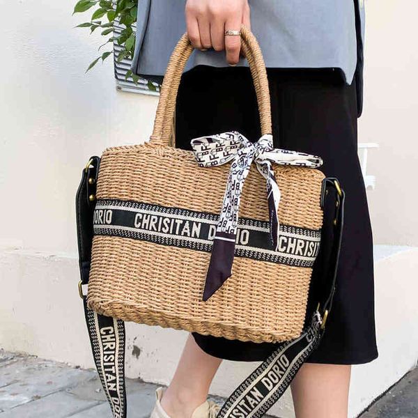 

woven women's 2022 new fashion embroidery one shoulder slant cross portable large capacity seaside holiday straw bag