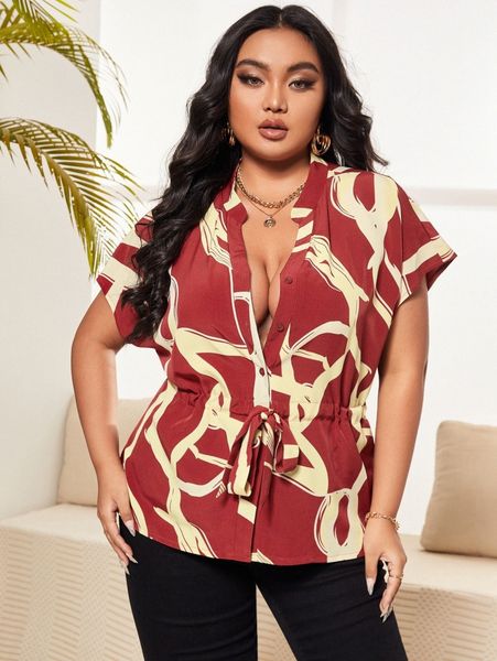 

sxy plus brush print dolman sleeve drawstring waist blouse q6w3#, Black