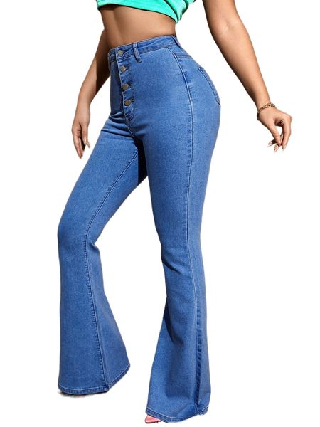 

washed button fly flare leg jeans c2oh#, Blue