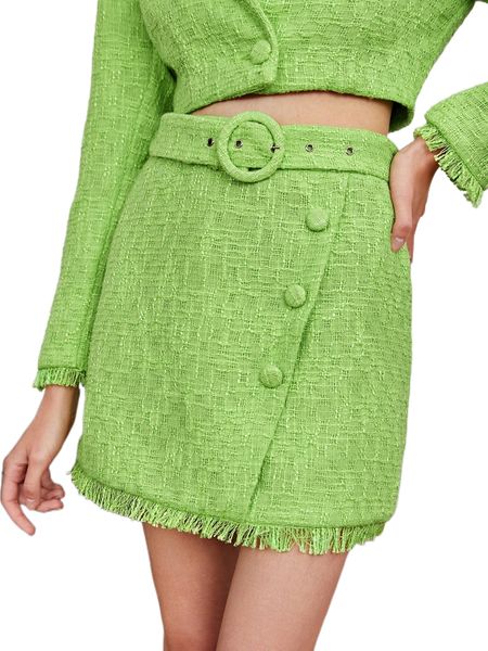 

button detail raw hem buckled belted tweed skirt t6rb#, Black