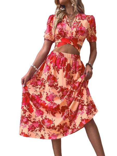 

allover floral print surplice neck tie back & skirt p6nd#, White