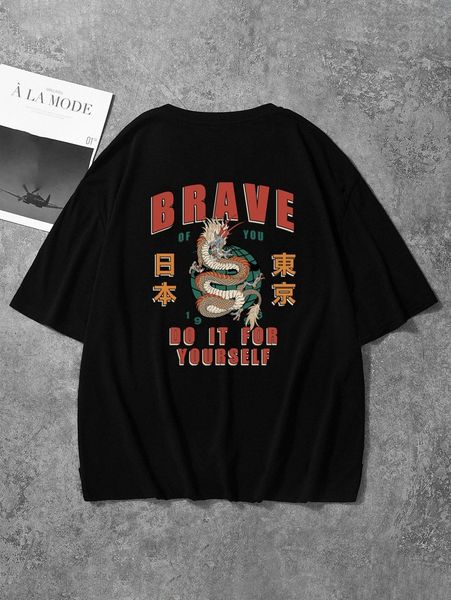 

men japanese letter & chinese dragon graphic tee s7ei#, White;black