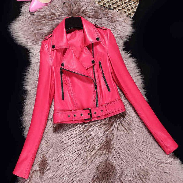Lautaro, primavera otoño, rosa brillante, corta, suave, de piel sintética, chaqueta de motociclista para mujer, cinturón de manga larga, moda fresca de pasarela L220728