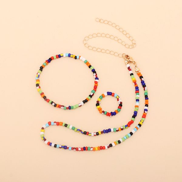 Neues trendiges buntes Sommer-Strand-Schmuckset mit Regenbogen-Glasperlen, Ring, Armband und Halskette als Geschenk