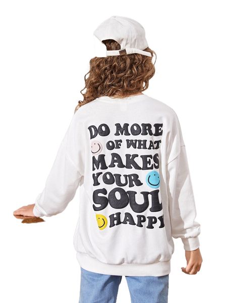 

girls slogan & cartoon graphic drop shoulder pullover 38gg#, Black;white