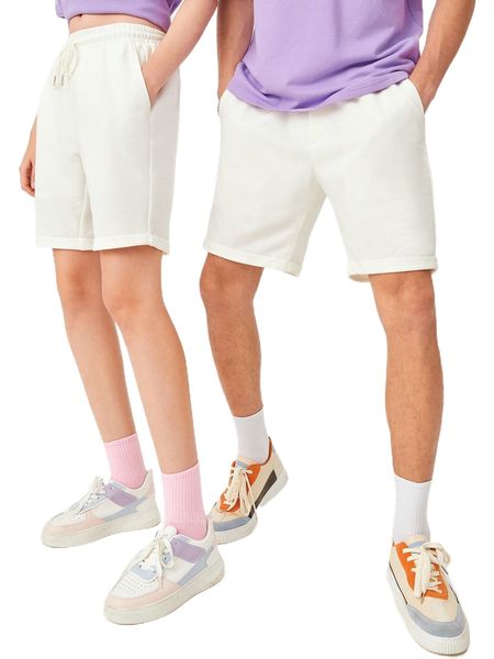 

1pc roll up hem shorts g2jq#, White;black