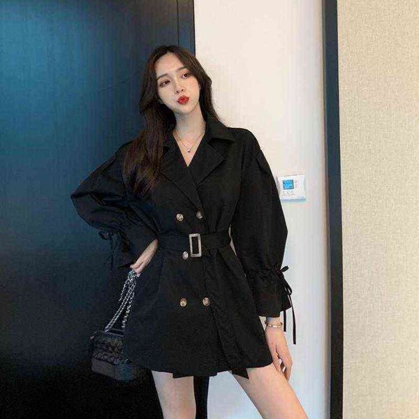 

women's trench coats long-sleeved coat short korean loose overalls waist t220809, Tan;black