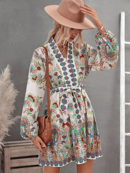 

floral print lantern sleeve belted dress d9lg#, Black;gray