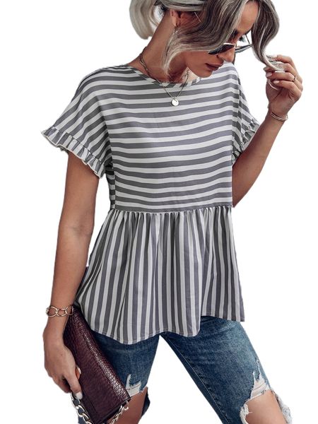 

striped flounce cuff batwing sleeve peplum blouse r3vc#, White