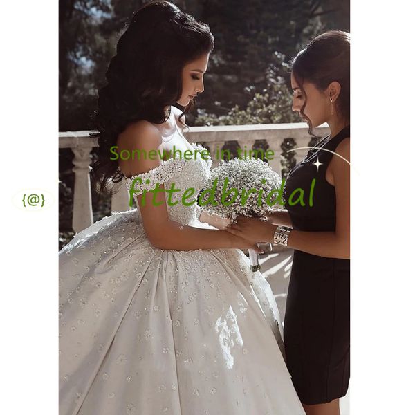 

exquisite 3d lace appliques wedding dresses off shoulder floor length back zipper ball bridal gowns vestido, White