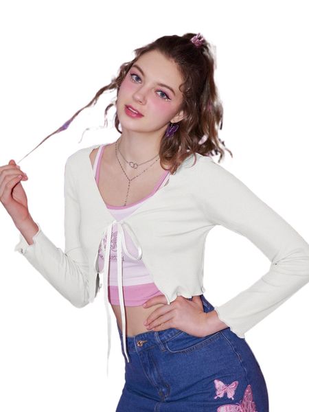 

romwe lettuce trim tie front s5vf#, White